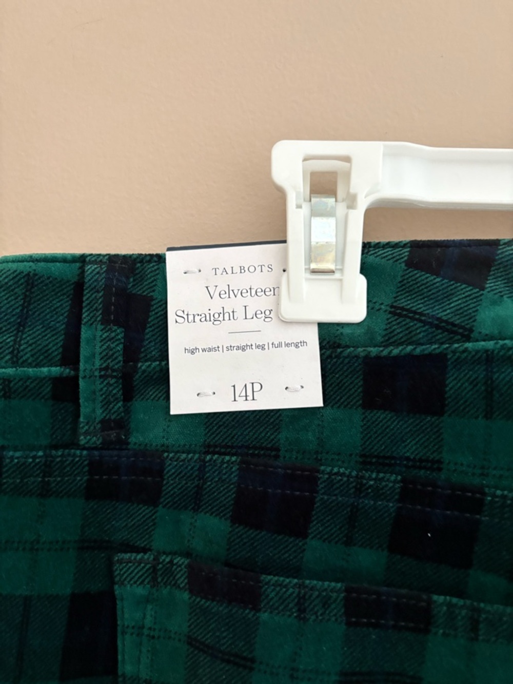 Talbots Green and Black Plaid Velvet Straight leg Pants Size 14P - Picture 6 of 6